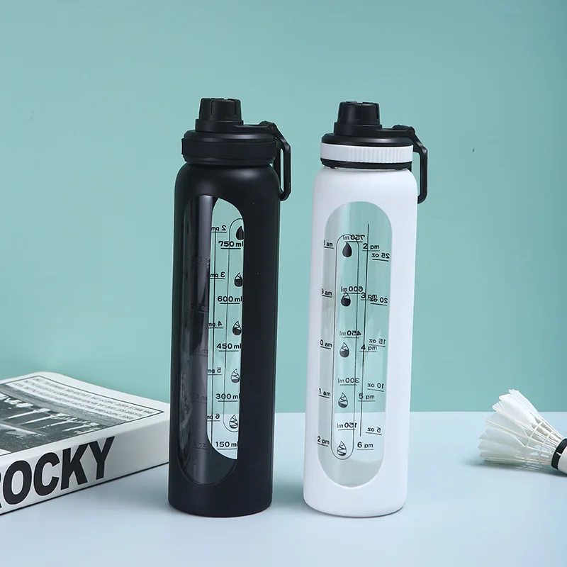 Hot Sell Personalized BPA Free Eco Friendly Nice Clear Iridescent Girl Glass Water Bottles with Silicone Sleeve Time Marker