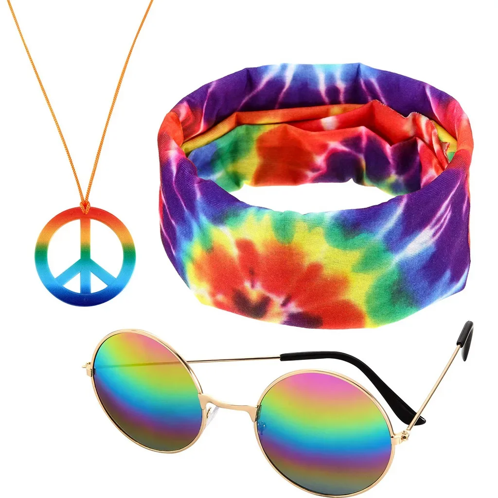 Hippie Accessories Costume,70s Hippie Rainbow Leopard Outfit,Hippie Headbands for Men Peace Sign Necklace Sunglasses