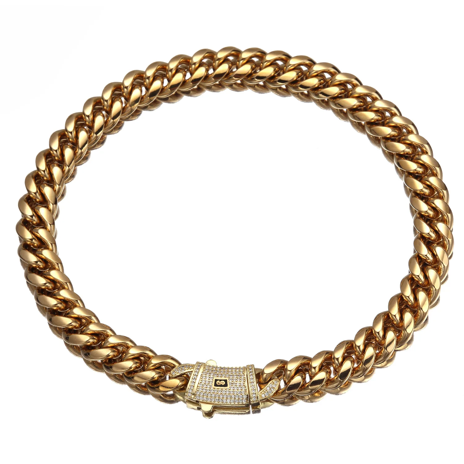 European and American hip hop necklace stainless steel round mill encrypted Cuban chain zircon diamond buckle titanium steel