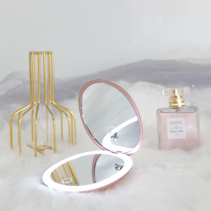 abs plastic travel makeup folding pink small pocket cosmetic mirror led