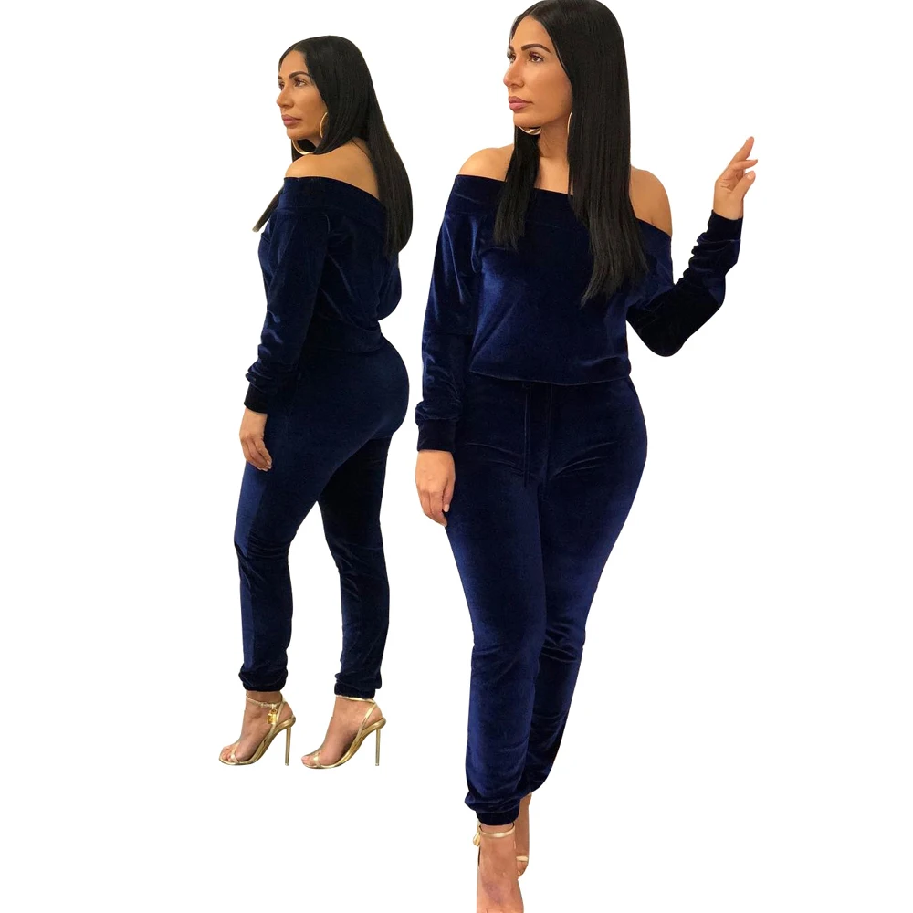 
YHH5055 off the shoulder hoodies and long trousers ladies two piece set women western velvet pant suit 