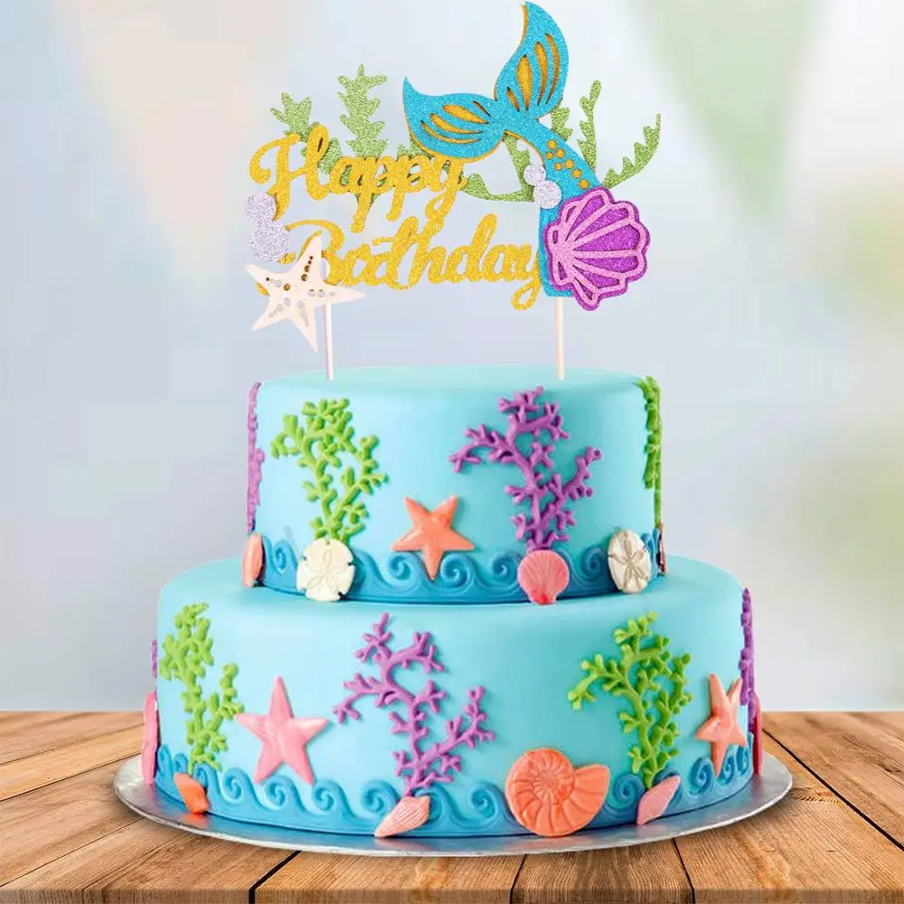 Wholesale Mermaid Happy Birthday baby Cake Topper Home Party Decoration Paper Cake Toppers