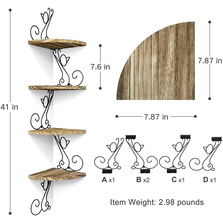 Perfect Rustic Radial Shelf in Cat Shape 4 Tier Wooden Corner Shelf Mount Wall Shelf Corner