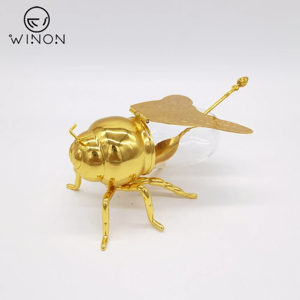 Hot Sale Fashion Design Golden Plate Bee shape special design honey jar restaurant metal crafts sugar salt sweet pot with spoon