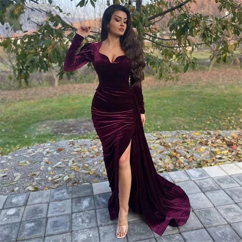 VLLUSISA Arabic Sheath Velvet Prom Dresses Dubai High Slit Long Sleeve Dinner Party Gowns