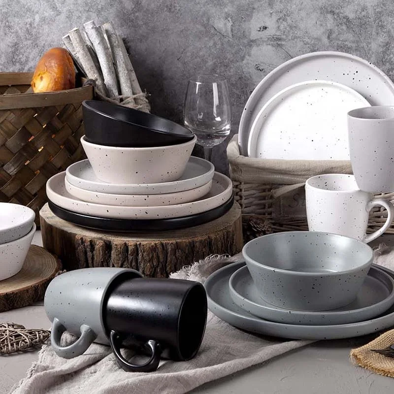 Nordic style hot selling porcelain tableware set sesame polka dot plate reaction glaze ceramic bowl plate mug
