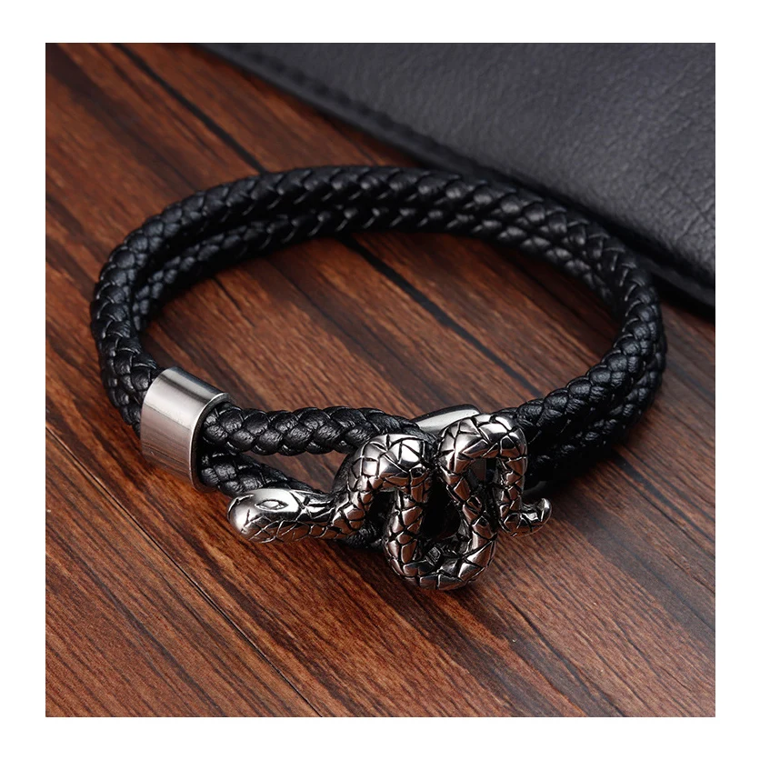 Punk Style Naja Snake Stainless Steel Bracelet Men Accessories Hook Silver Woven Leather Bracelet Party Wear Bracelet OT-224
