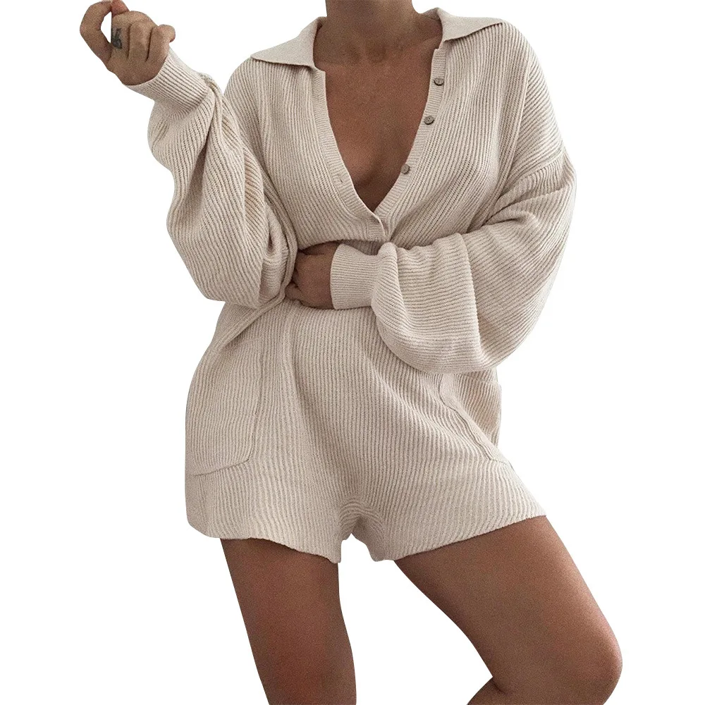 
Wholesale Woman Ribbed Loungewear Nighty Deep V Loose Adult Onsie Pajamas Nightwear Onesie Comfortable Loungewear With Pocket 