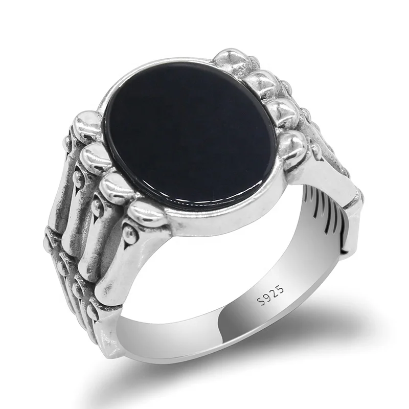 New Arrival925 Sterling Silver Antique Turkish Men Ring with Black Natural Agate Stone Black CZ Ring for Man Fashion 925 Jewelry