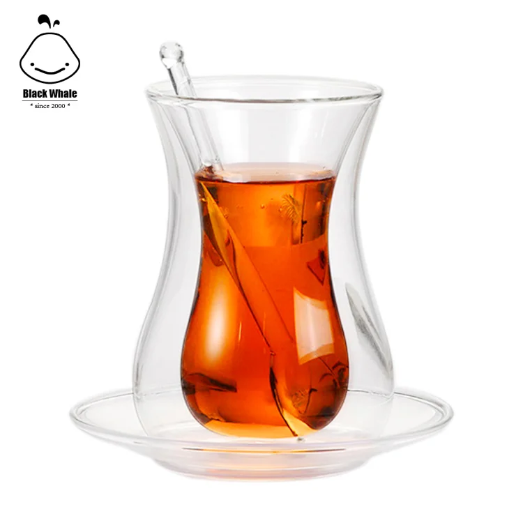 Manufacture hot sale Turkey Groud Shape double wall glass coffee tea cup with saucer and glass stick