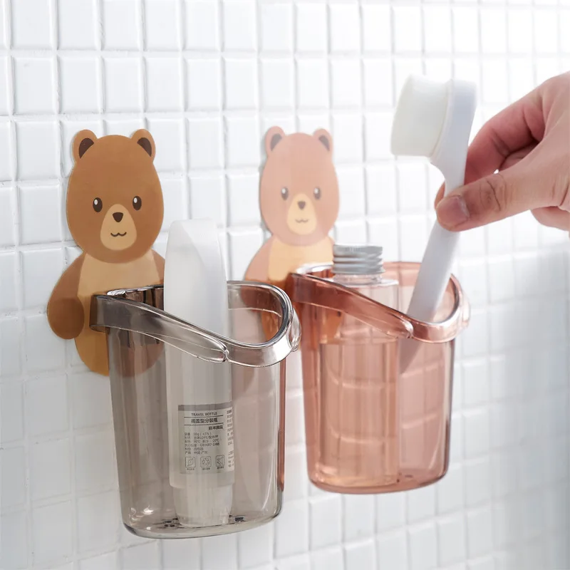 Cartoon Bear Wall Hanger No punching Storage cup bathroom toothbrush holder Toothpaste Organizer