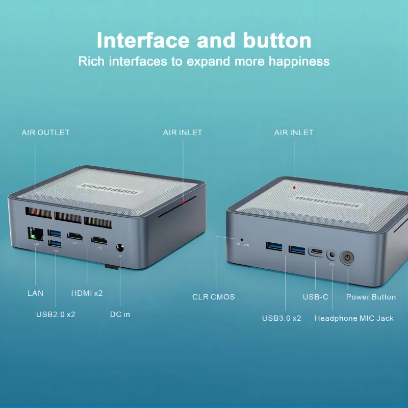 MiniHyper HP8 Mini PC AMD Ryzen 7 5800U CPU 8 Core DDR4-3200M 16GB Storage SSD NVME 512GB WiFi 6E HDMI DC Jack USB Type-C