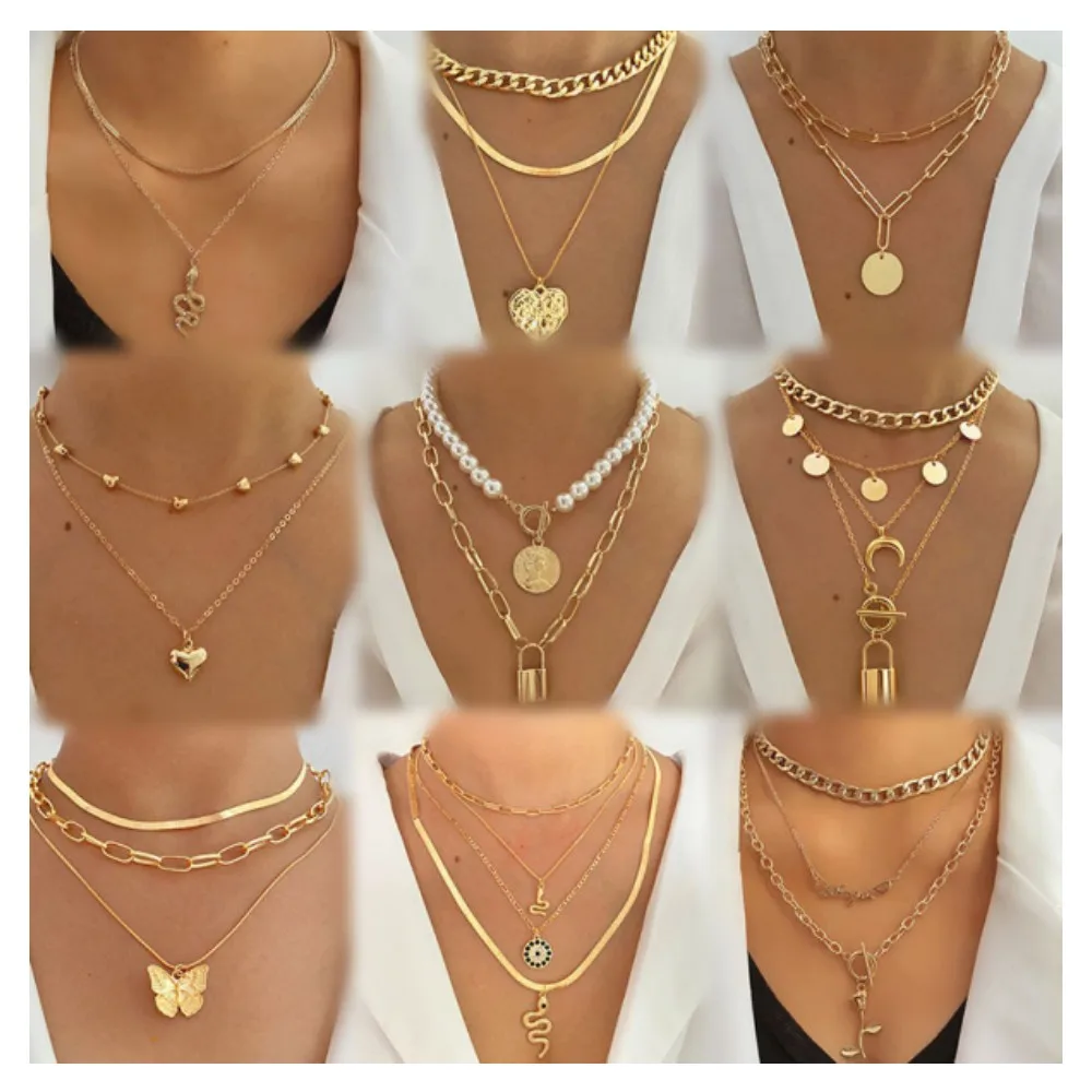 VKME Retro Punk Style Butterfly Heart Star Moon Multilayer Necklace Set for Women Jewelry Wholesale