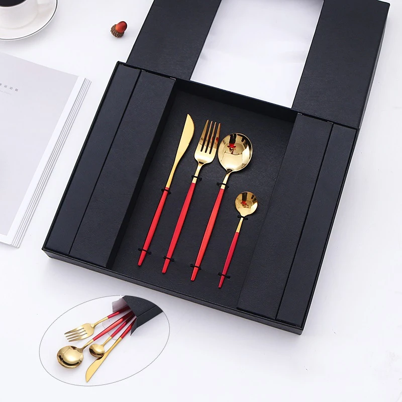 Popular Wedding Gift Korea Spoon Fork and Knife Set of 24 Piece Gold Cutlery Set Hotel Restaurant Silverware Set Stainless Steel