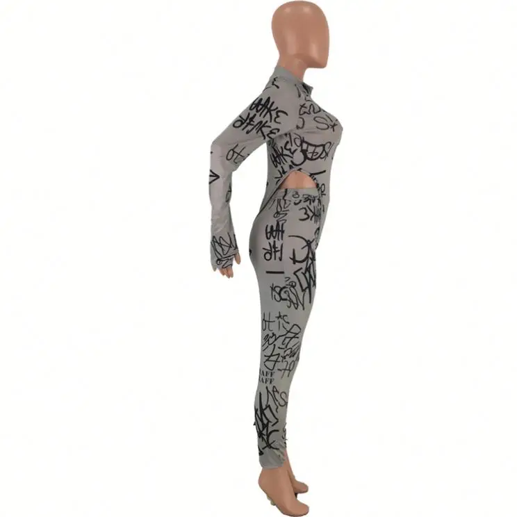 
11AF285 high quality letter print long sleeve bocysuit bodycon club two piece outfits set women clothing 