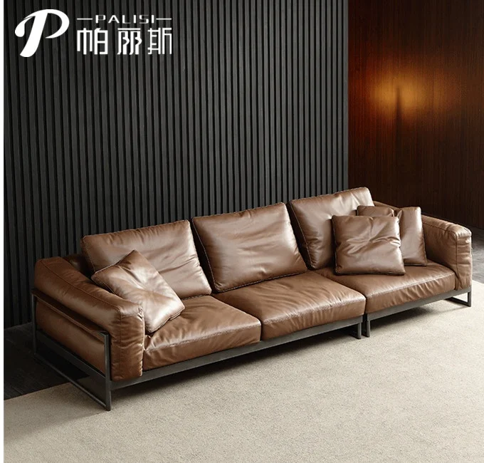 Frosted Steel Frame Leather Sofa 3-seater Italy Minimalist Style Sofa 4 seater Real Pure Leather couch chesterfield set