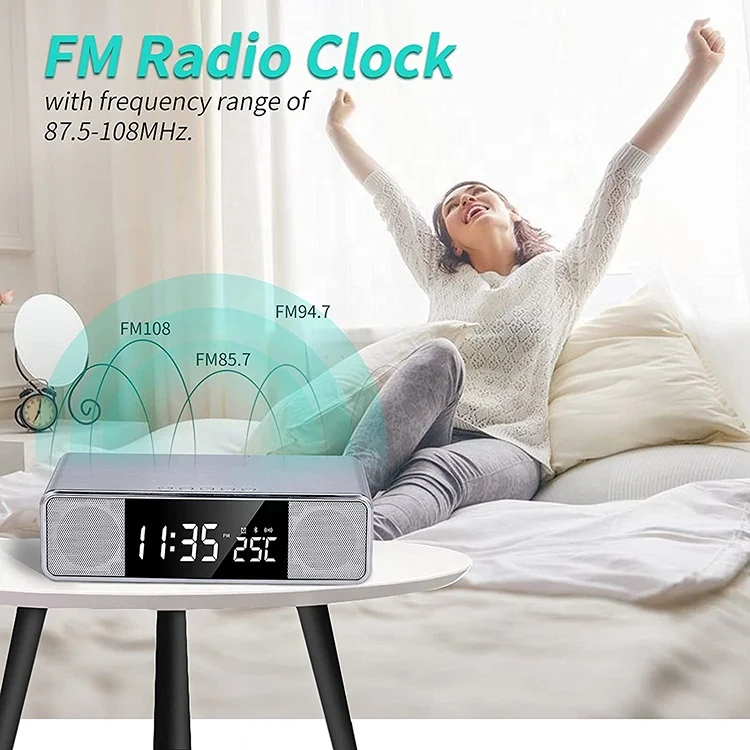 
Alarm Clock Bedside Non Ticking LCD Alarm Clock with USB Output & Wireless Charging, BT Speaker and FM Radio 