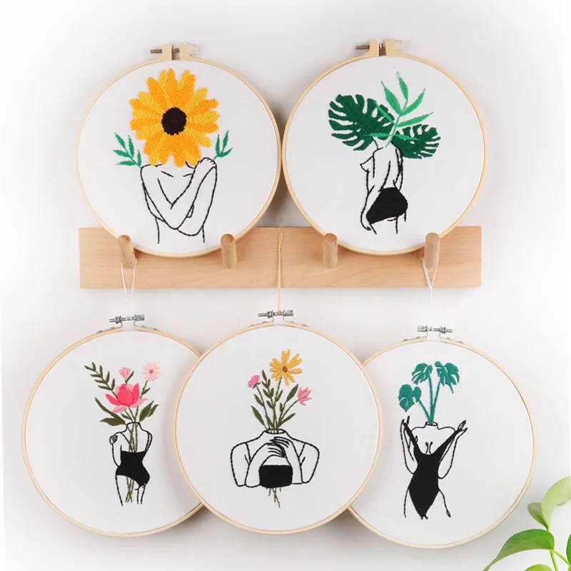 30*30cm DIY Embroidery Starter Kit with Plant Flower Pattern Bamboo Embroidery Hoop Color Threads Cross Stitch Kit (1600424860154)