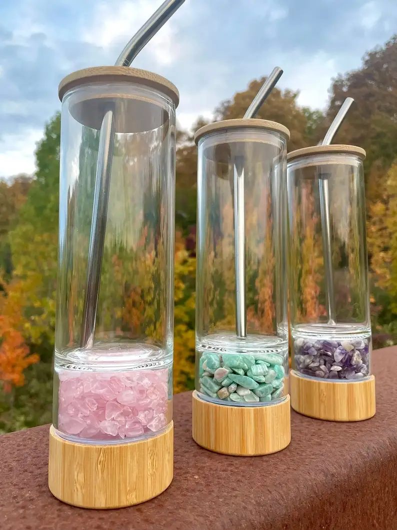 New Style Crystal Water Bottle Quartz Chips Glass Tumbler Cup With Metal Straw