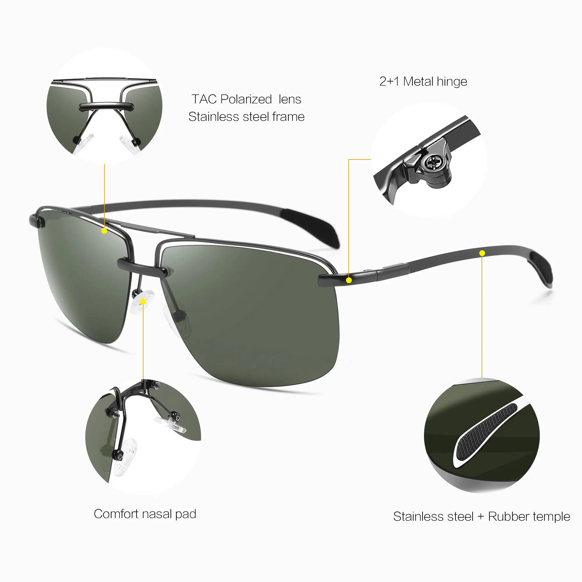 Hot Fashion Semi Rimless Good Quality Men Metal Sun Glasses Designer Polarized  Eyewear 2024 Sunglasses Men