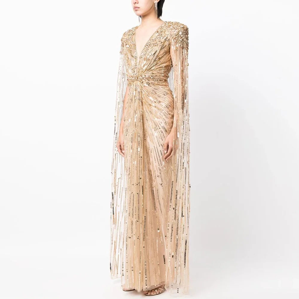 Luxury Dubai Sage Green Evening Dresses With Cape Fuchsia Crystal Gold Elegant Women Wedding Formal Party Gown Sz399