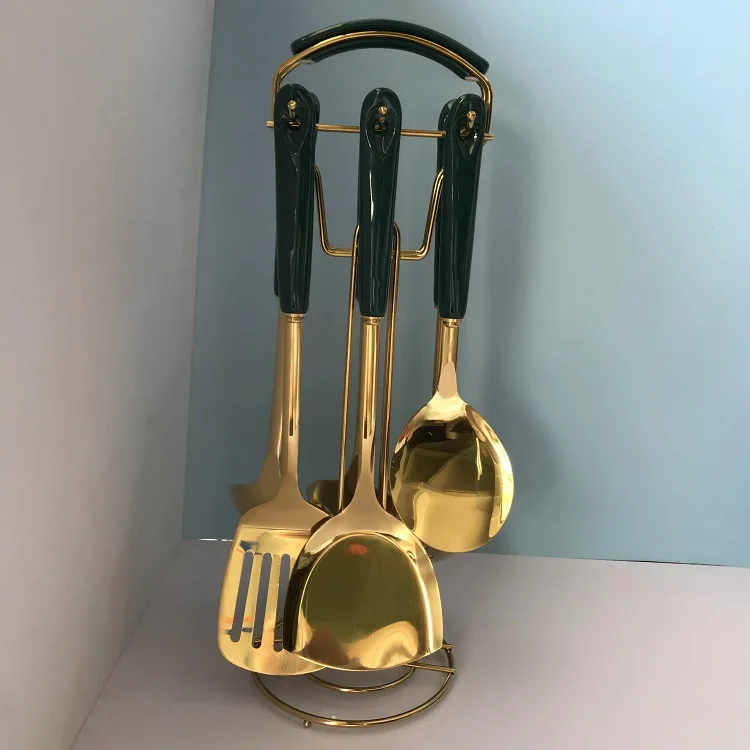 Hot Sale Luxury Utensil Set Kitchenware 7pcs Stainless Steel Kithchen Set Gold Plated Cookware Ceramic Handle Utensil Set