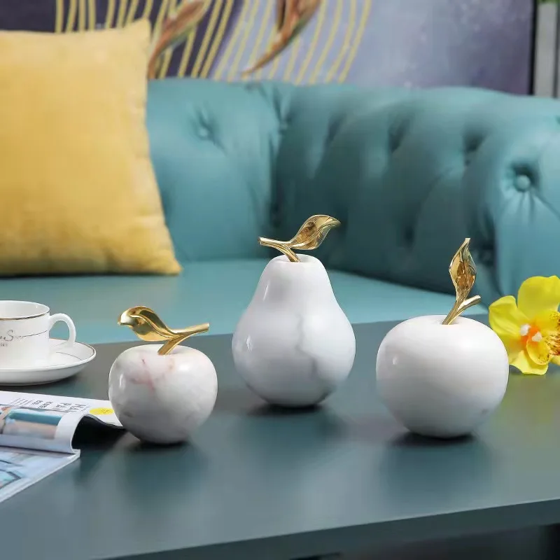 Nordic modern home soft decoration creative white marble with brass leaf apple pear decoration for home