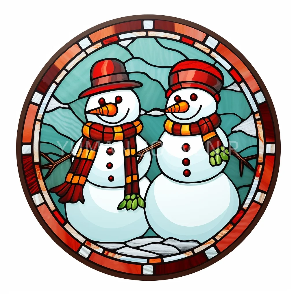 Exquisite 30CM Santa Claus and Christmas Snowman Stained Glass Window Decoration Creative Xmas Color round Pattern