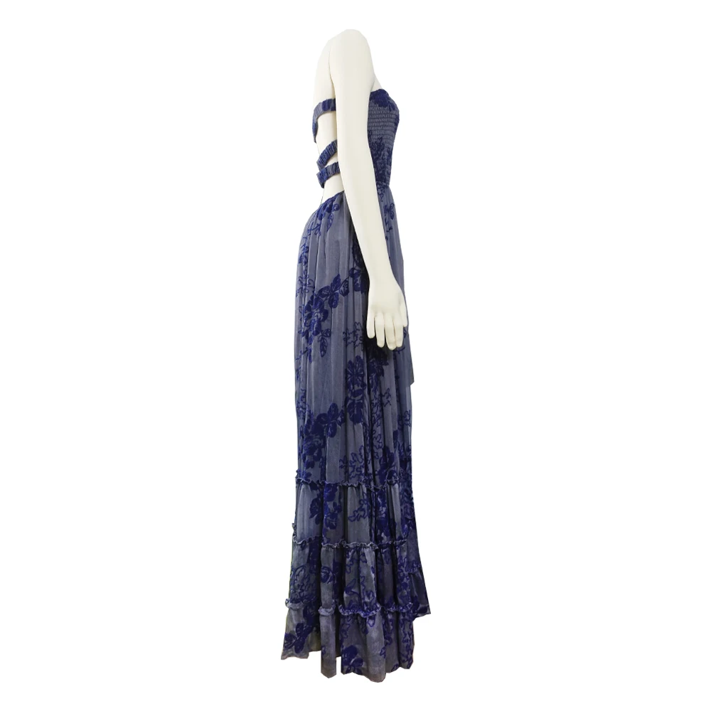 SMO navy elegant long party dresses and chiffon dress velvet print dress