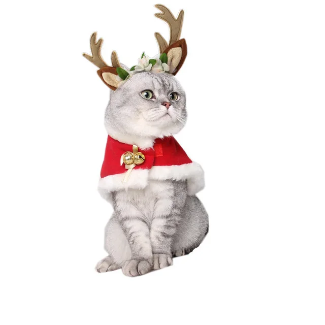 Winter Warm Velvet Red Poncho Cape Santa Claus Pet Costume for Cats and Dogs Plaid Pattern Cloth and Nylon Coat with Bell