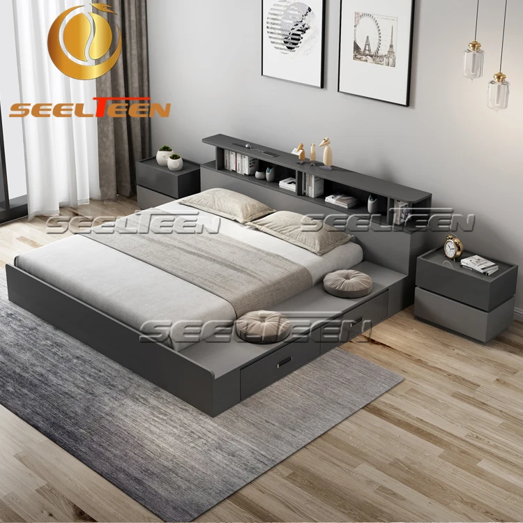 Luxury Classic Bedroom Furniture Wooden Nordic Bed With Storage