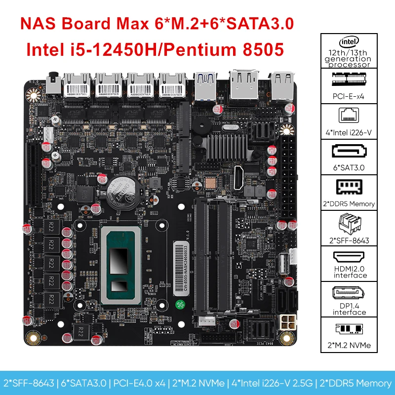 Материнская плата i5-12450H 6 отсека NAS 8505 Макс * NVMe SATA3.0 1 PCIEx4 4 l i226-V 2 5 г DDR5 брандмауэр маршрутизатор Mini ITX материнская
