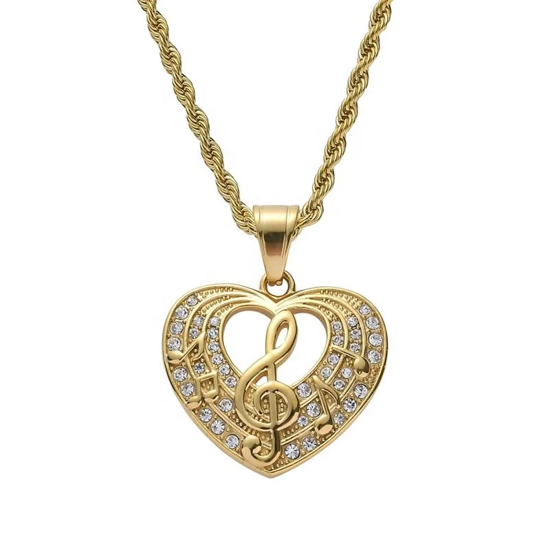 18K pvd Gold twist chain with rhinestone and hip hop stainless steel heart music symbol pendant necklace