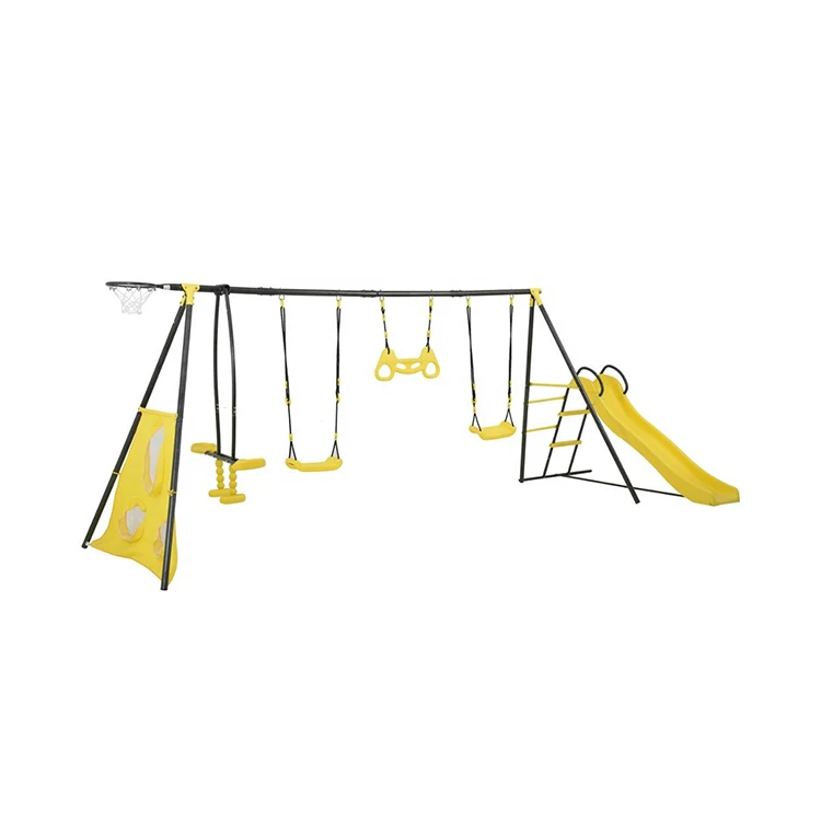 Seven Functions Play set Outdoor Metal Playground Swing Set With Plastic Slide
