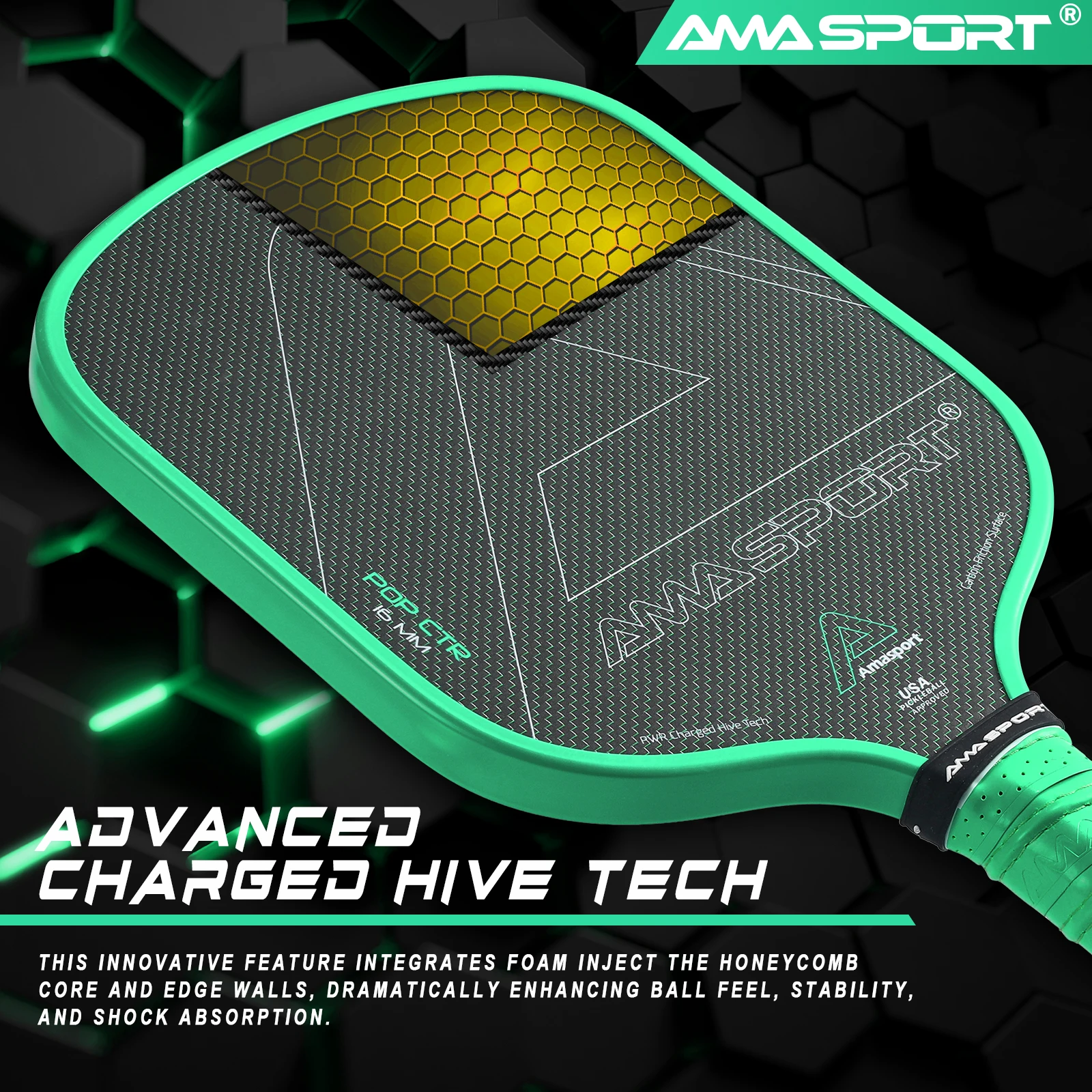 AMA Sport DWELL Custom Green Titanium T700 Raw Carbon Fiber Weave Thermoformed USAPA Pickleball Paddle with Elongated Handle