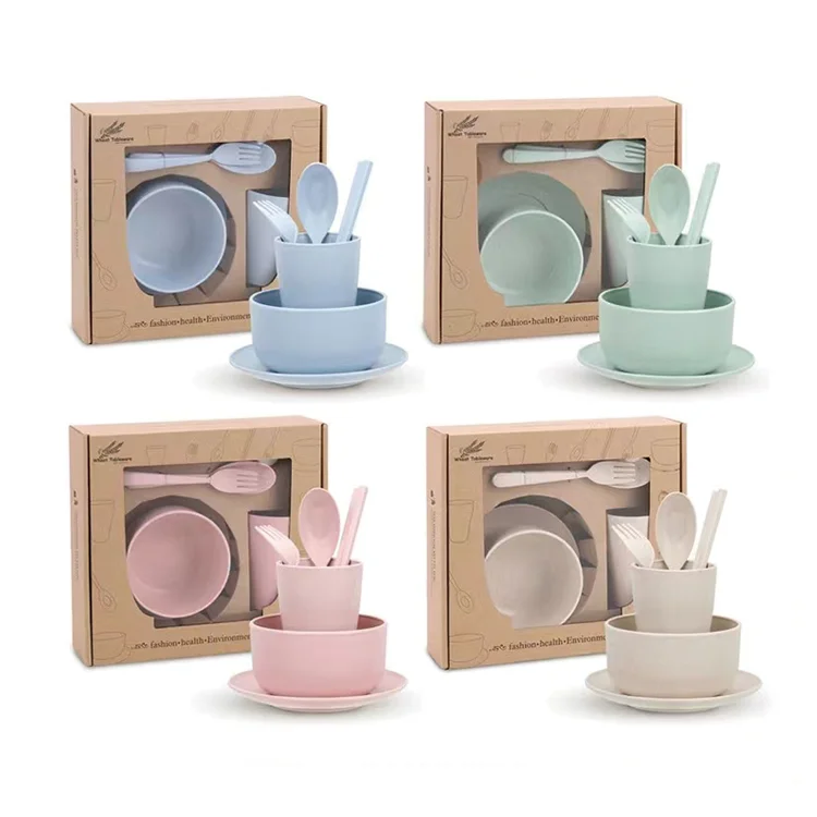Reusable Eco Friendly Wheat Straw Fiber Plastic Cutlery Cup Bowl Plate Picnic Dinnerware Tableware Set For Kids And Adults