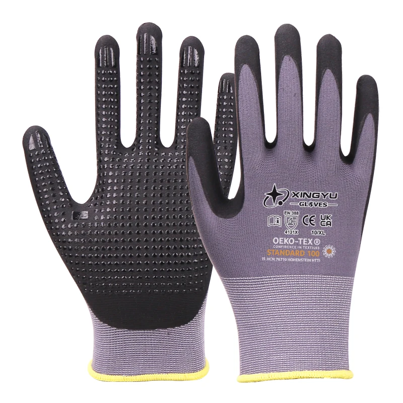 XINGYU 15G Nylon Spandex Nitrile Palm Fit Glove Thin Working Safety Gloves Coated Nylon Work Gloves Nitrile Dots