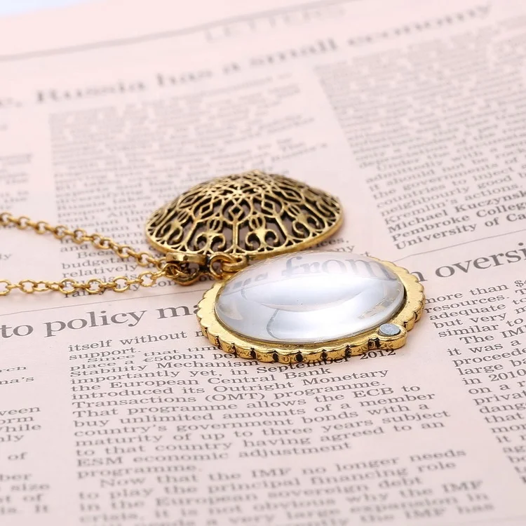 Hollowing Magnifying Glass Necklace Ornate Filigree Silding Top Magnet Drop Pendant Retro Sweater Jewelry