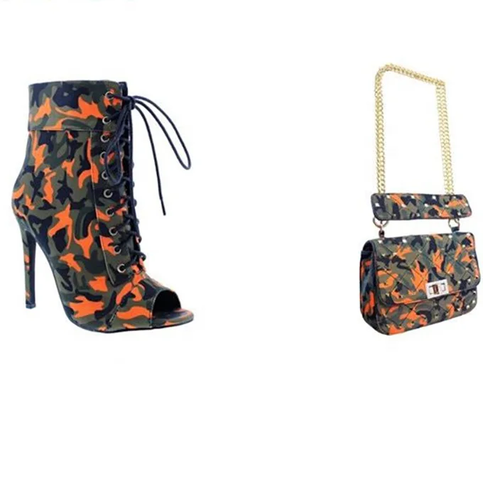 Женские камуфляжные ботильоны на высоком каблуке-шпильке, с открытым носком, на шнуровке, короткие ботинки на высоком каблуке, большой размер 43, с камуфляжной сумкой
