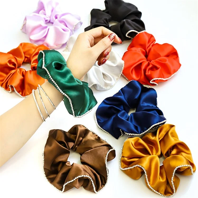 YIYI new fashion Korean style fresh satin hair scrunchies colorful large size soft ruffle ponytail hair bands with rhinestones
