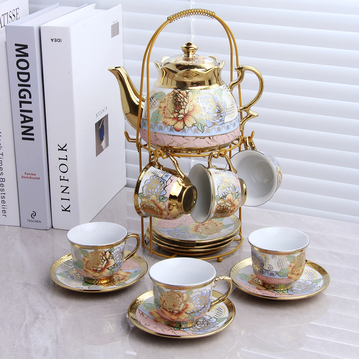 Vintage Ceramic Afternoon Tea Teapot Set French Vintage Flower Gold Ring English Teapot Coffee Cup Saucer Set