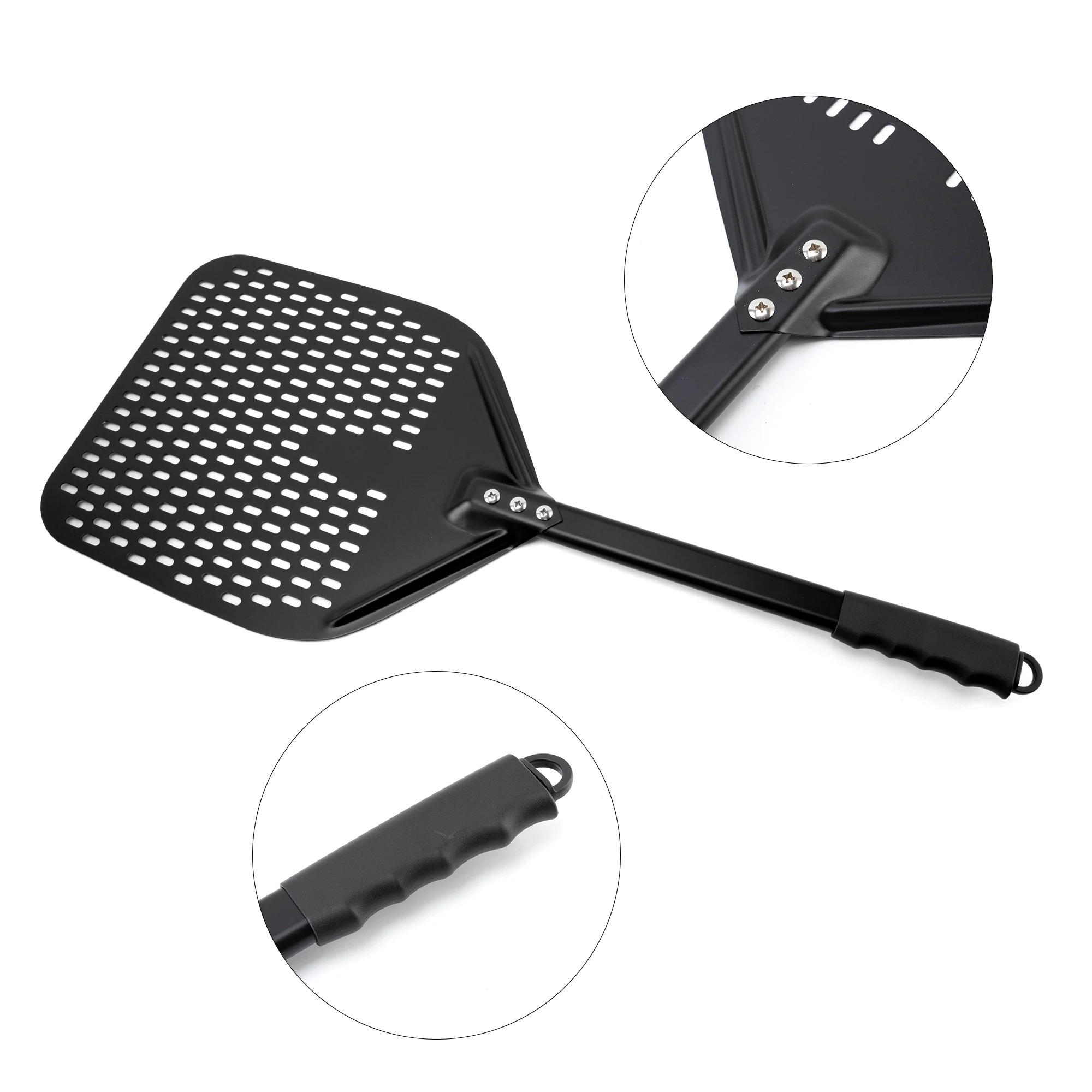 Unique Design Pizza Shovel Square Perforated non stick black Blade Detachable Handle Pizza Oven Peel for Baking