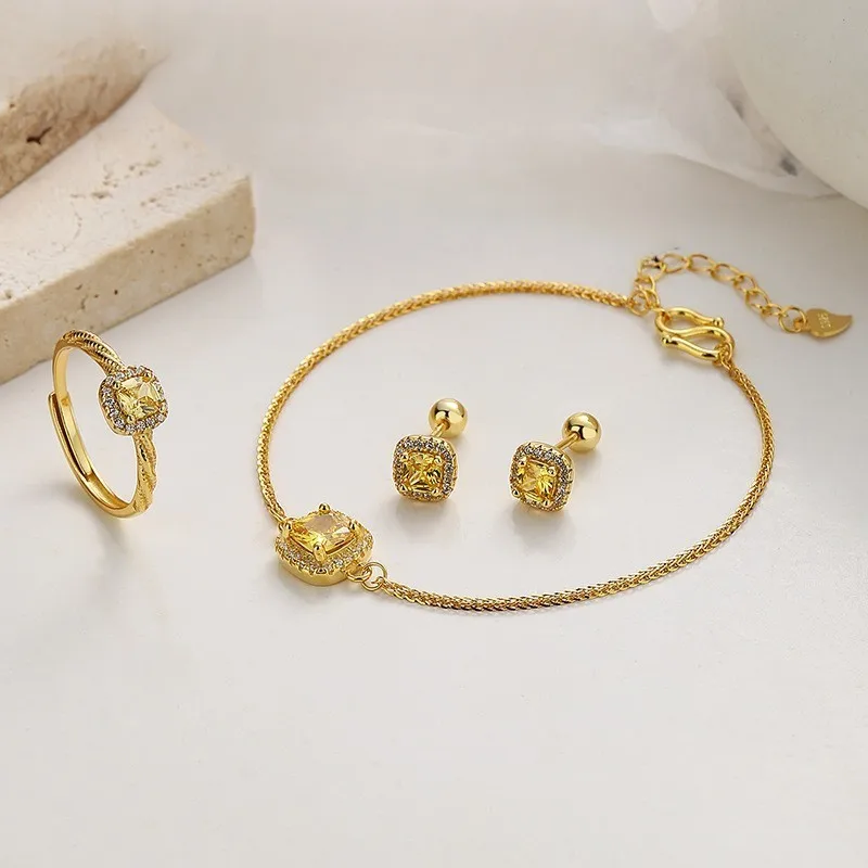 graceful personality 925 sterling silver cube sugar yellow zircon diamond ins style fashion jewelry sets for women
