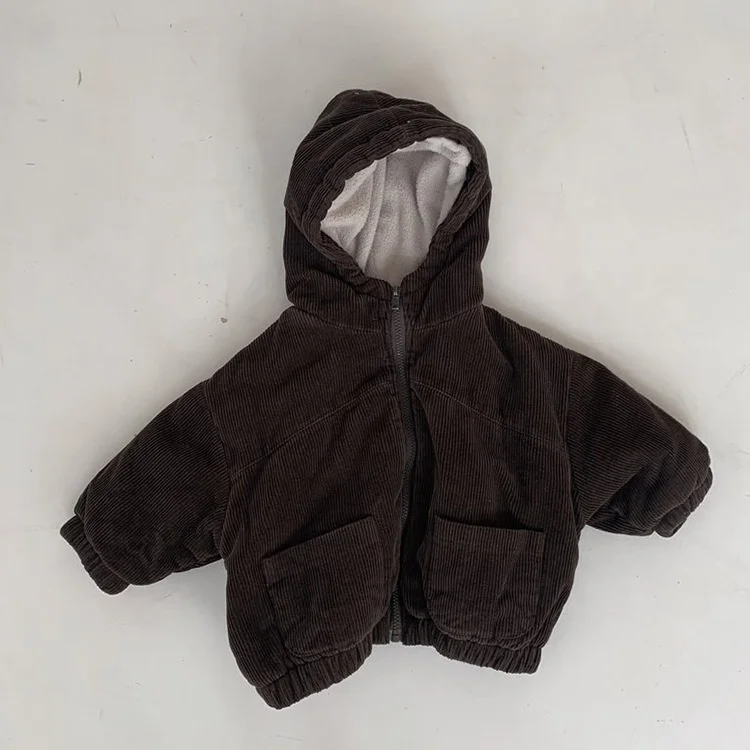 Top sales winter corduroy baby coat warm neutral kids jackets velvet baby hooded