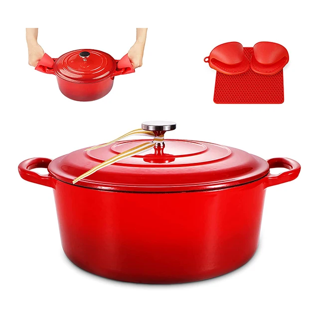 6 Quart Enameled Cast Iron Casserole Dish Red Enamel Dutch Oven with Loop Handles and Lid