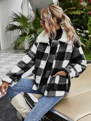 2022 Custom Autumn Women Casual Lapel Button Down Plaid Fleece Coat Tartan Shacket Women Fleece Jackets
