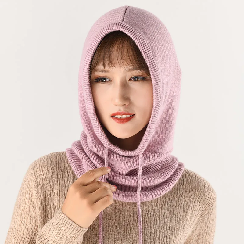 2024 Custom Unisex Cashmere Wool Pullover Knitted Beanie Hat with Drawstring Warm Hooded Scarf Hat