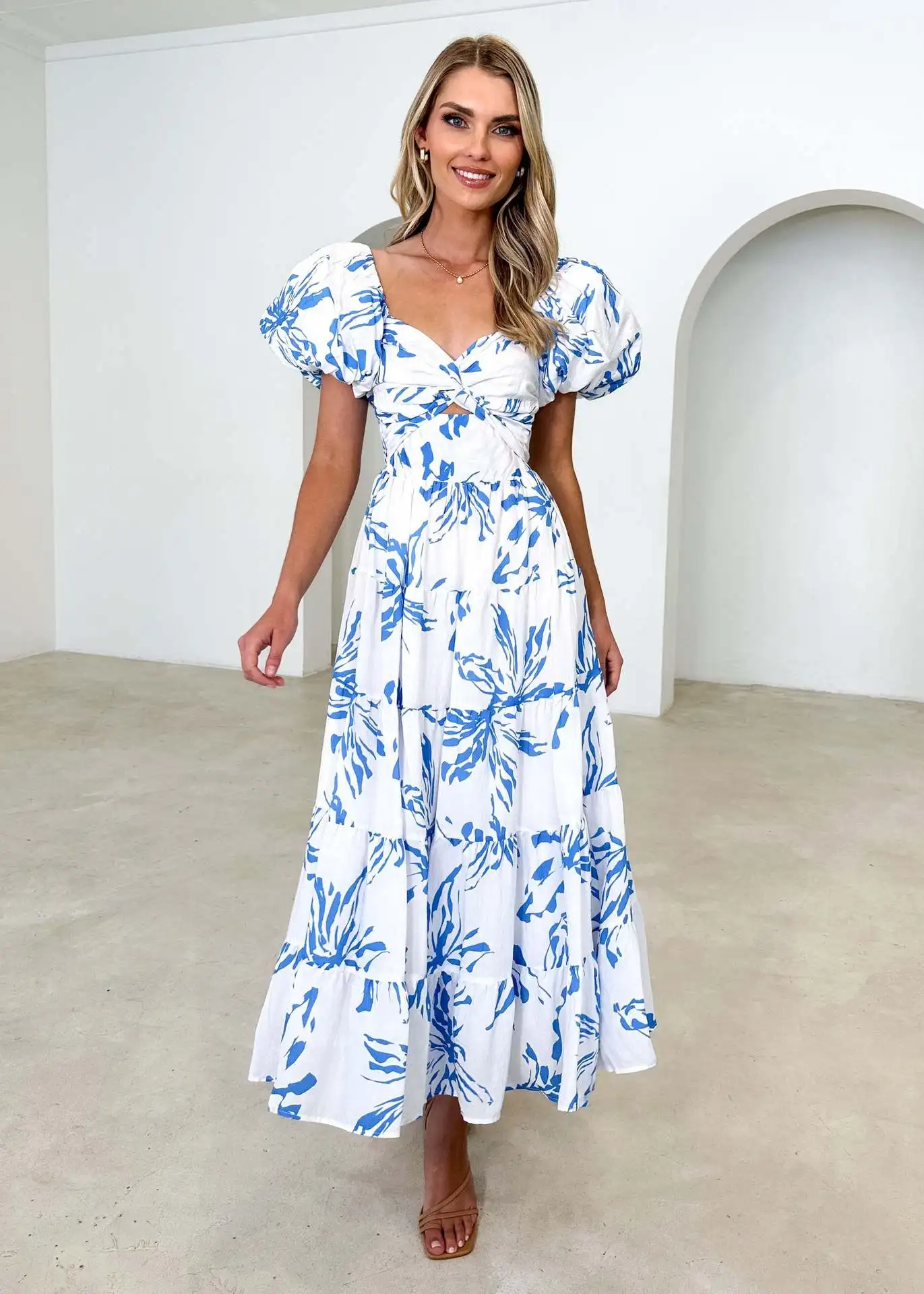 2024 Spring/summer New Style Slim-fit Printed Puffy Sleeves Swing High-end Dress Natural Digital Printing Woven Simple Chiffon