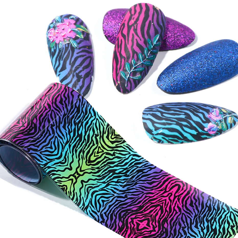 10 Types/Case Holographic Pink Flower Leopard Dot Plaid heart butterfly Mixed Designs Starry Sky Nail Foil Stickers Set