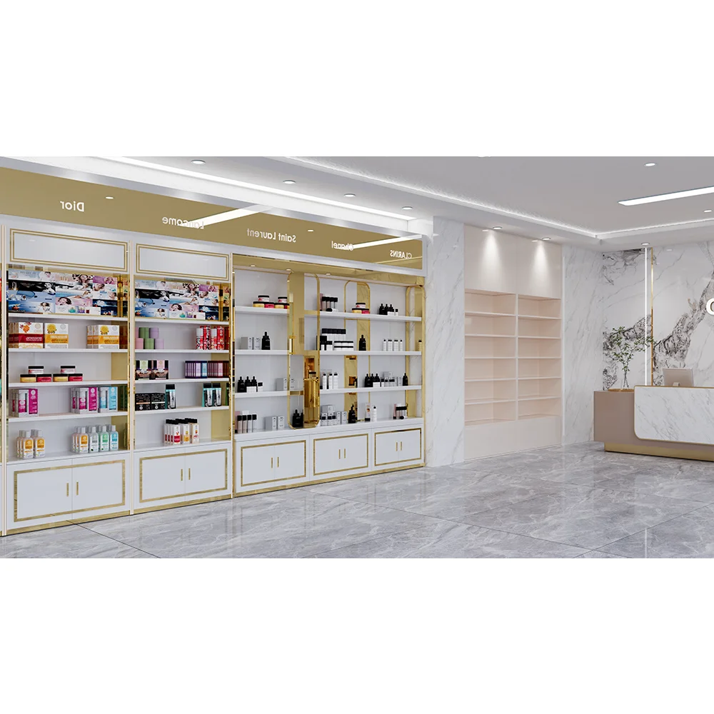 Custom logo led perfume display shelf stand beauty salon white cosmetic make up display table counter